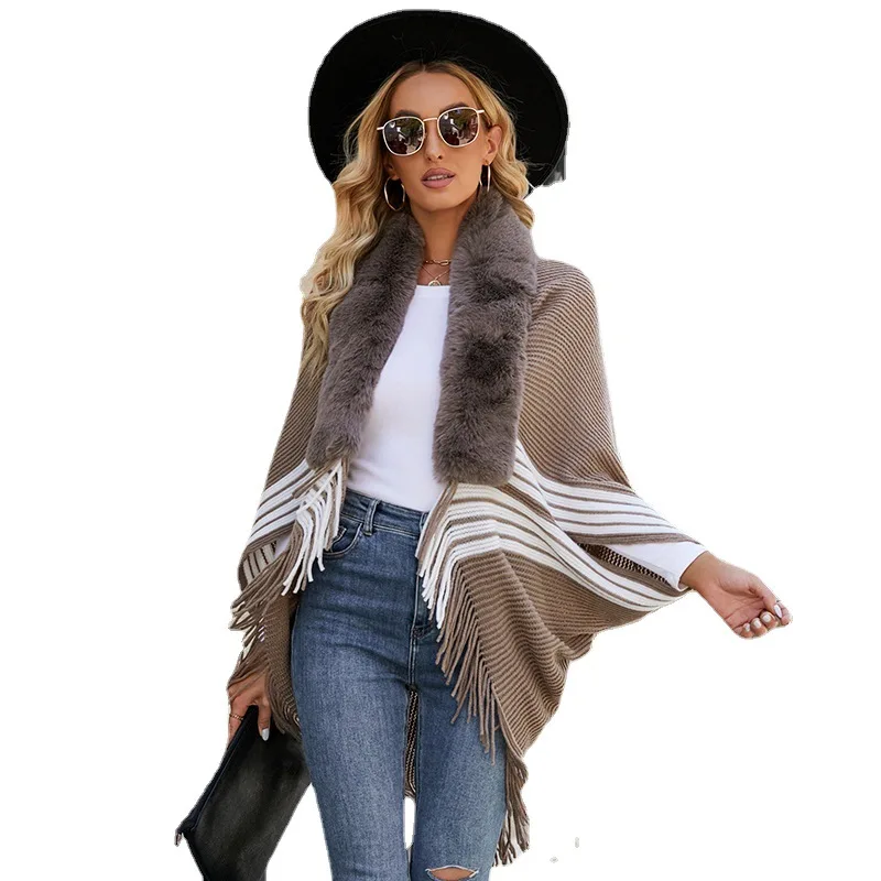 2024 Autumn Winter Women\'s Tassel Cape Shawl Female Velvet Edge Knitted Striped Scarf Women\'s Casual Warm Knitwears Tops