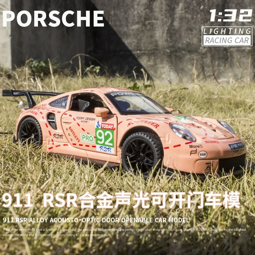 1:32 Porsche 911 RSR coche de carreras simulación Diecast Metal aleación modelo coche sonido luz tirar hacia atrás colección niños juguetes regalos A40 Min