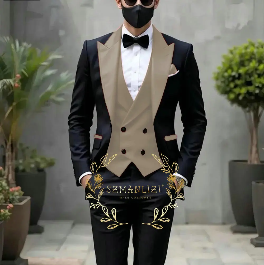 Groom Wedding Tuxedos 3-piece Suit Men's Black Suit Jacket Pants Vest Formal Red Peak Lapel Blazer Sets Slim Fit Outfit