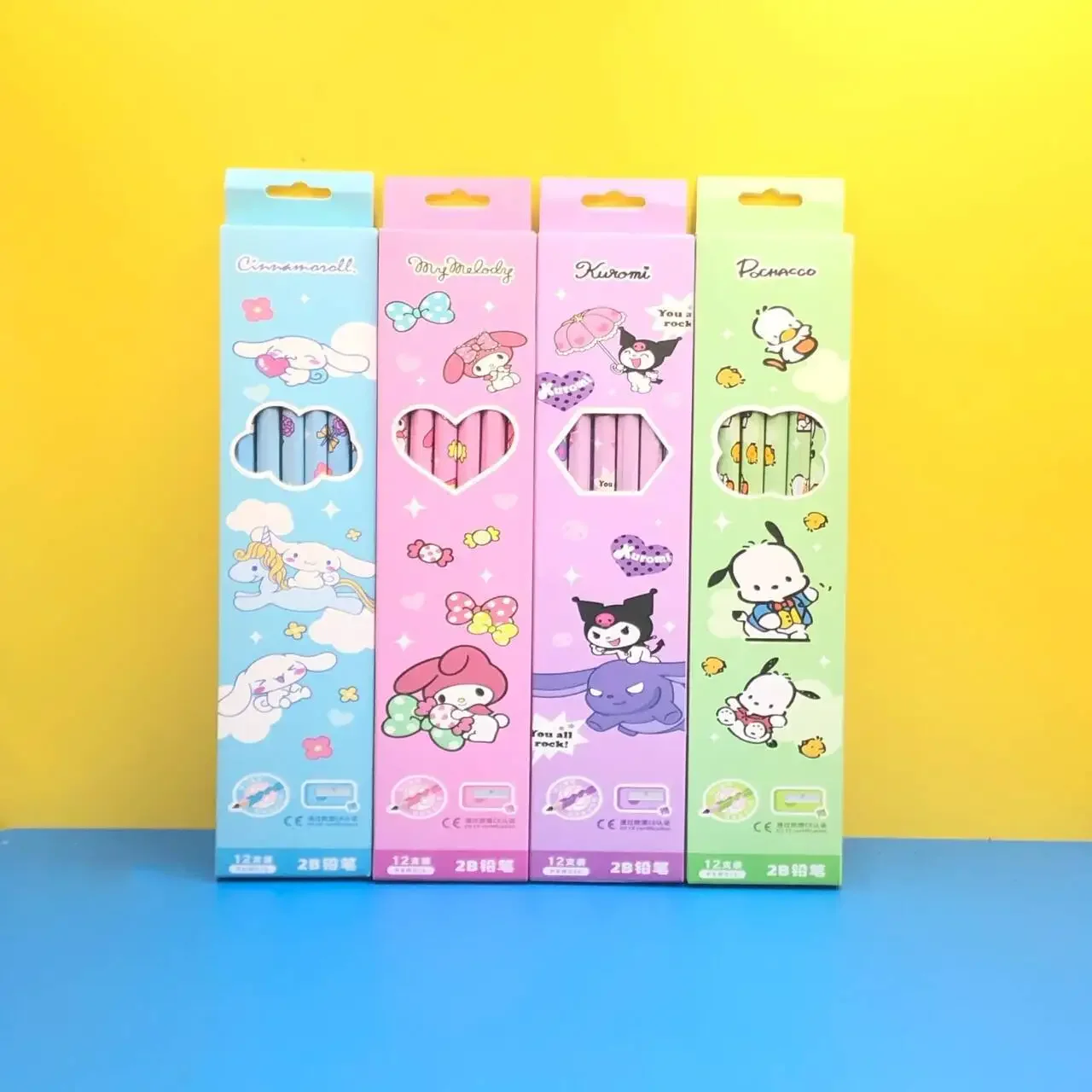 12Pcs Sanrio Pencil Kawaii Miniso Mymelody Kuromi Cinnamoroll Student Cartoon Hb Exam Eraser Pencil Children's Stationery