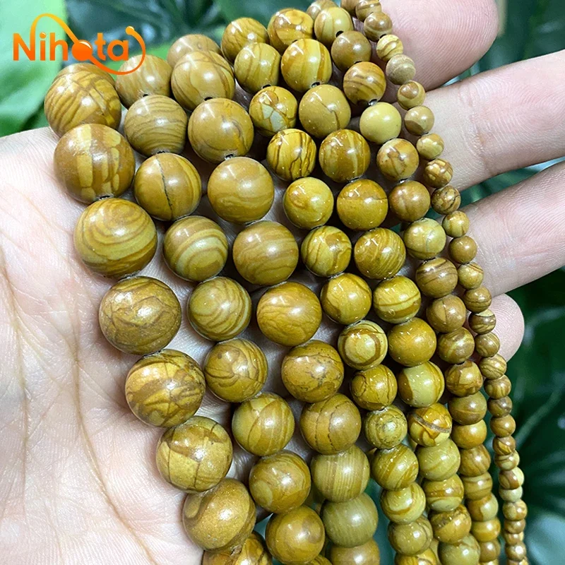 Natural Yellow Wood Texture Stone Round Beads 15