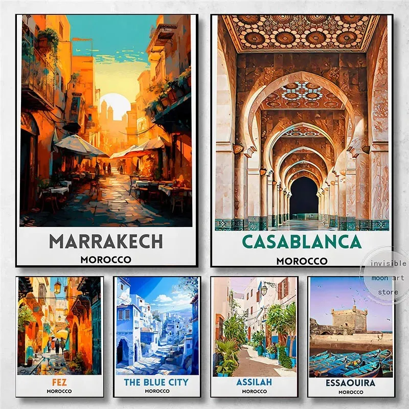 السفر الفن المغربي الدار البيضاء Marrakesh Fes بناء ملصق فني حائط لوح رسم يطبع صورة لغرفة ديكور المنزل