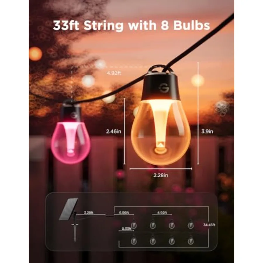 Outdoor Solar String Lights, 33ft with 8 RGBICW Bulbs IP67 Waterproof 112 Modes and APP Control via Bluetooth, 8 Dimmable LED S