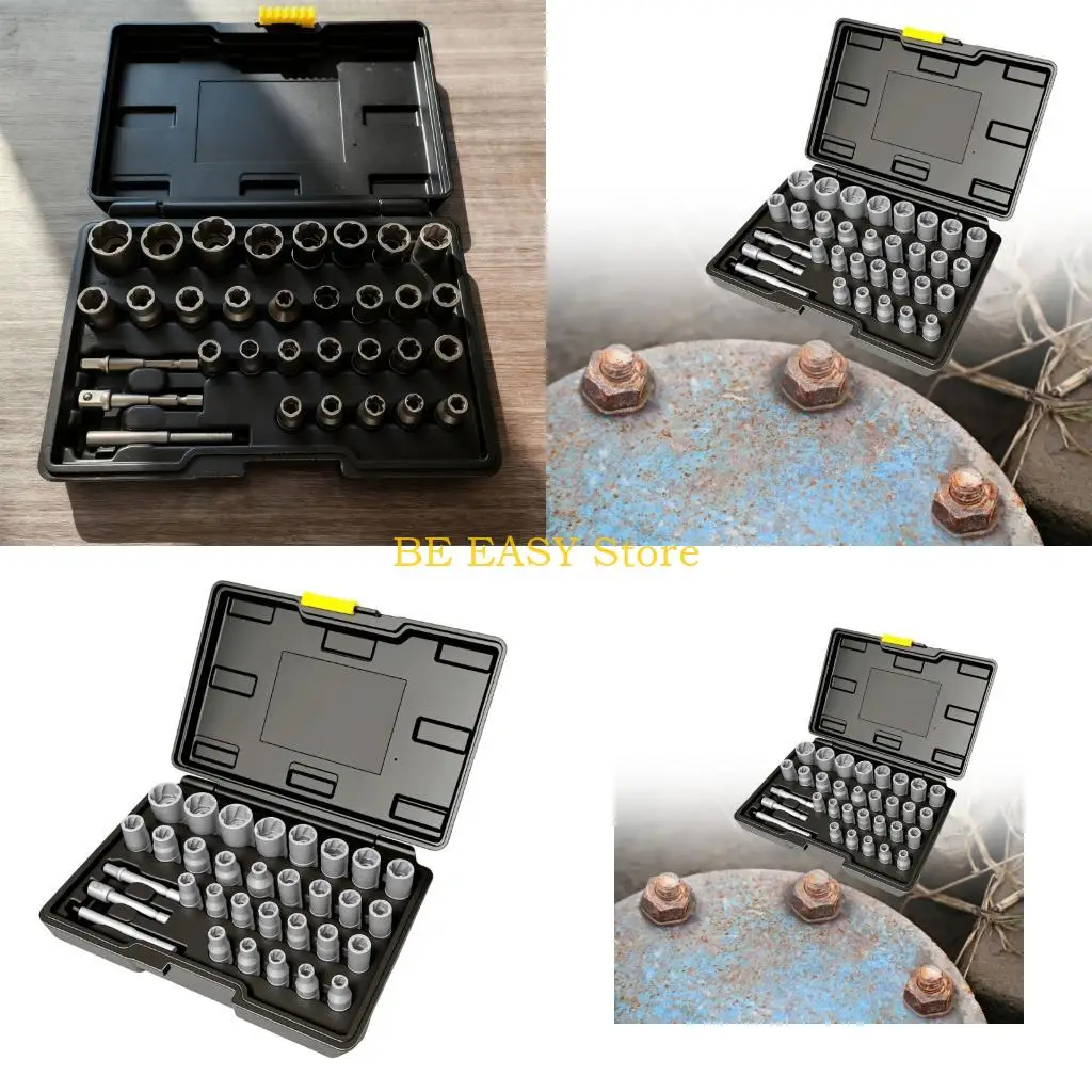 

E28F Steel Nut Extractors Set For Stuck Corroded Bolts 150Lb Torques Capacity Nonslip Grooves Design 29 Piece