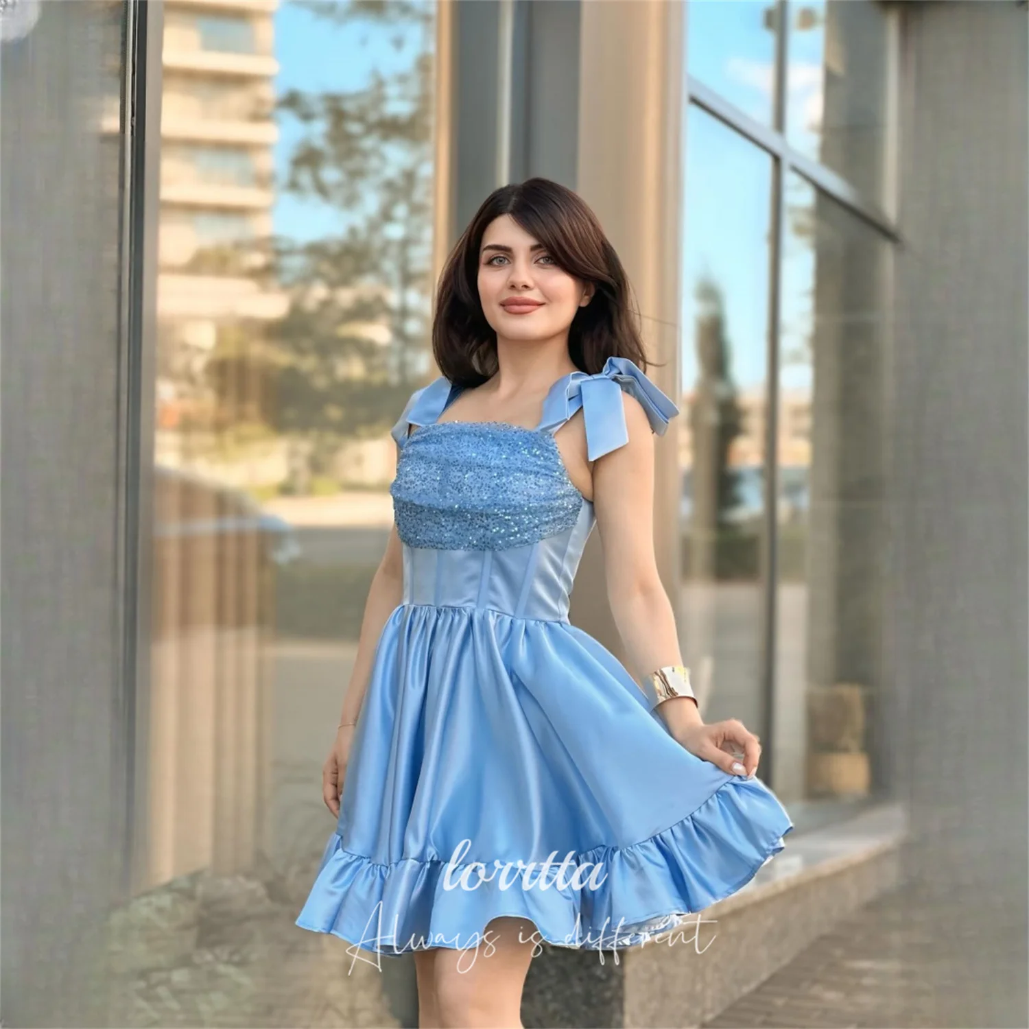 

Lorrtta Satin Square Collar Sky Blue A-Line Evening Dress 2026 Prom Dress Elegant Ladies Formal Evening Party Customized