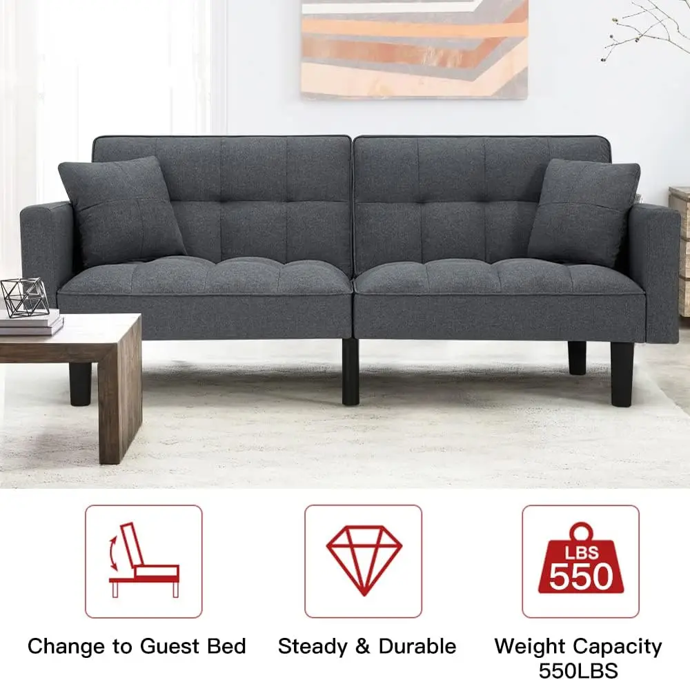 Sleeper Sofa Bed Modern Linen Fabric Couch Bed Futon Sofa Bed with 2 Pillows for Living Room, Apartment, Guest Room,