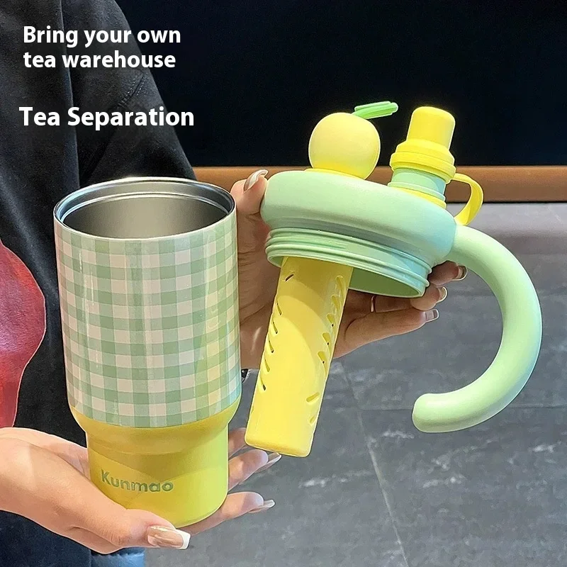 New Coffee Cup for Girls High Appearance Level Checkered InS-style Straw Cup Stainless Steel Portable Handle Insulated Cup