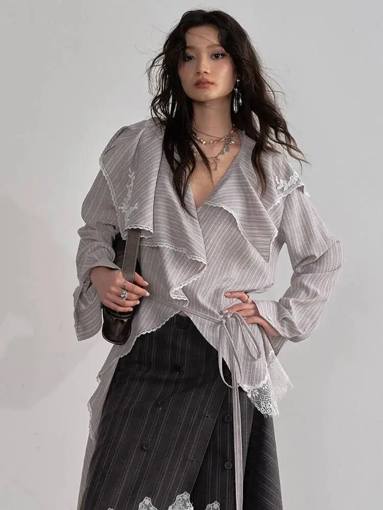 

Gray Lace Women Striped Ruffles Big Size Blouse New Lapel Long Sleeve Shirt Fashion Spring Autumn 2026 P59D