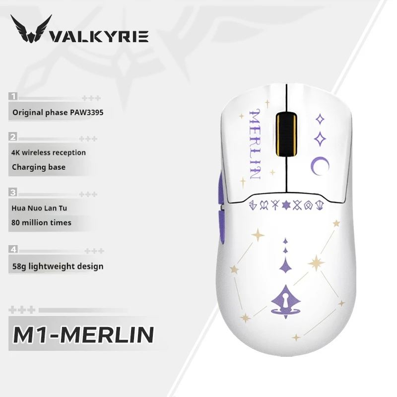 Valkyrie M1 Anime Mouse Paw3395 4k Receiver Wireless Gaming Mouse Lightweight Girls/Boys Gift With Charging Base 58 Grams Dpi