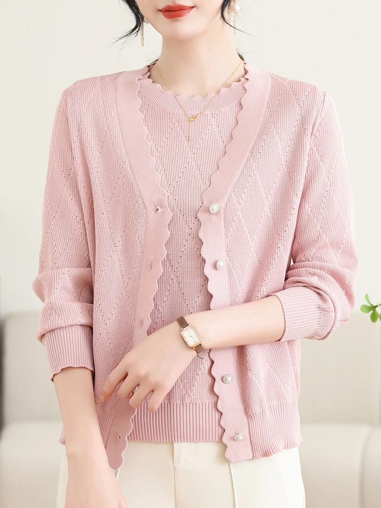 

Real Two Pieces Sets Sweater Women Autumn Spring Long Sleeve Sweater High Quality Stripe Tshirt+Cardigan Set