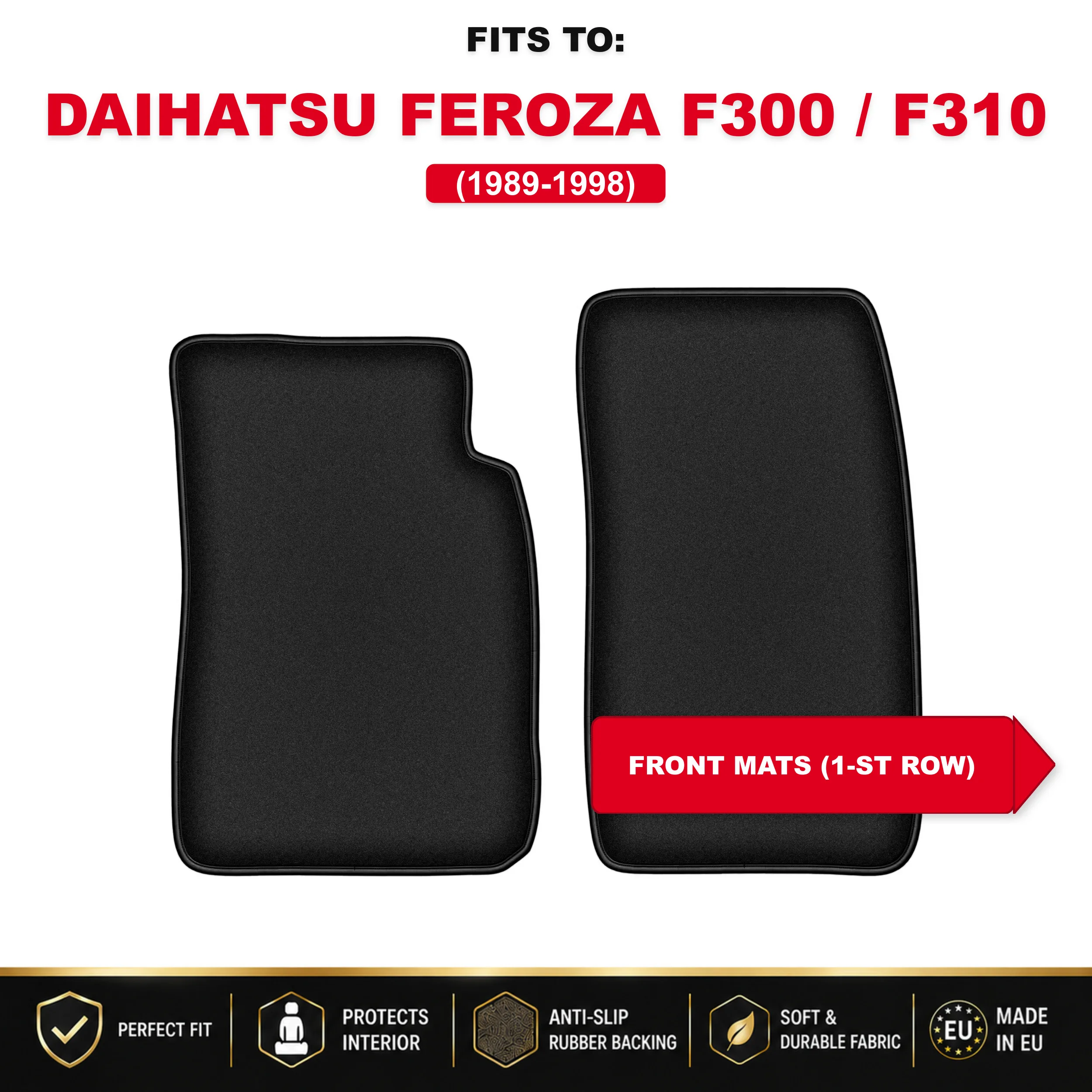 Zwarte velours vloermatten voor: Daihatsu Feroza F300 / F310 1989-1998 set auto vloermatten voor de voorkant van het voertuig