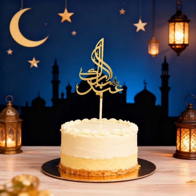 1-10PCS Eid Mubarak Goldene Acryl Kuchen Topper mit Schloss Mond Design für Ramadan Muslimischen Festival Party Cupcake DIY Dekoration