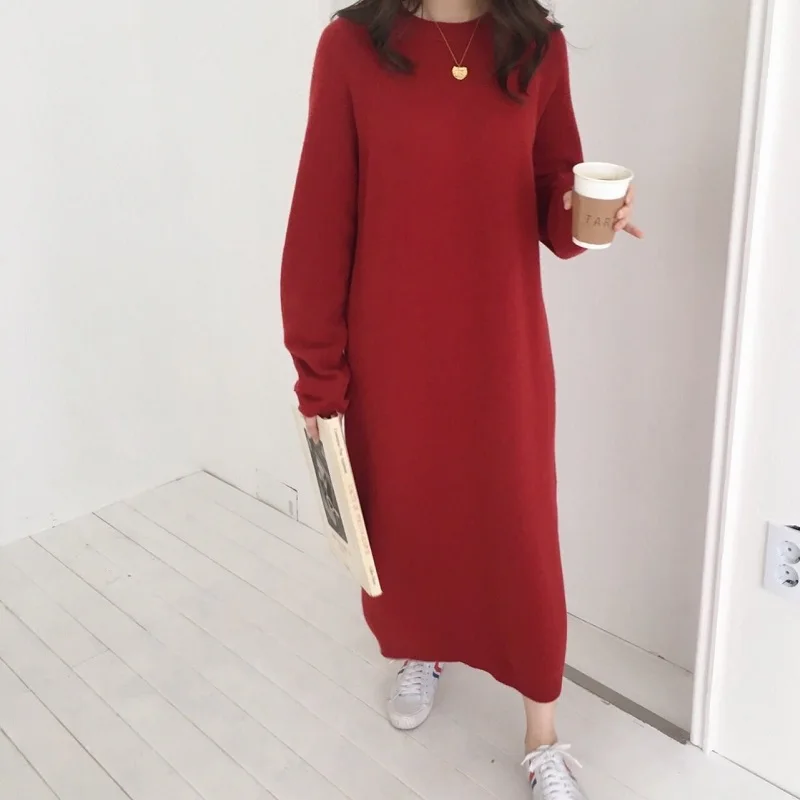 Women Autumn Winter Warm Long Sweater Dress Female Long Sleeve Straight Knitted Maxi Vestidos new Pull Femme Loose Dress