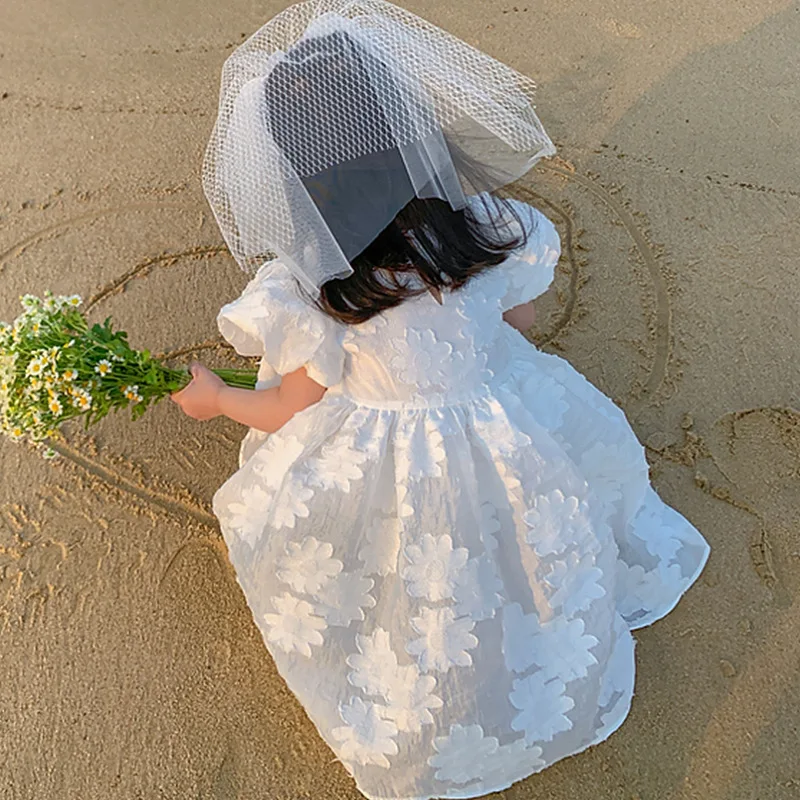 Summer Baby Girls White Cotton Lined Flower Embroidery Puff Sleeves Princess Dress Kids Lovely Outfit Child Sweet Skirt 2-8Years