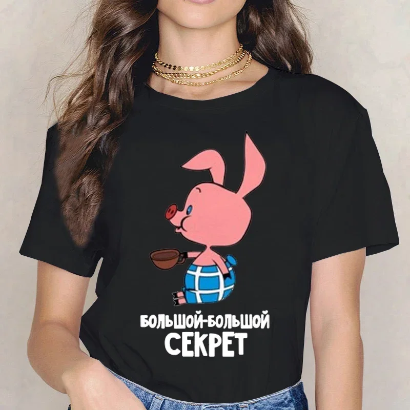 T-shirt de couple imprimé dessin animé, Streetwear décontracté où allons-nous avec cochon? Secret! T-shirt unisexe avec graphisme de Style russe