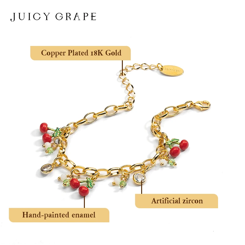 Juicy Grape Cherry Bracelet Fruit Pendant Bracelet Adjustable Bracelet Handmade Enamel Bracelet Plated with18K Real Gold Gift