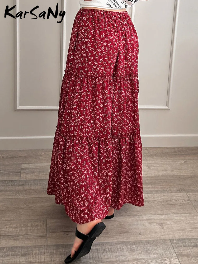 KarSaNy Floral Long Skirts For Women Summer A Line Pockets Maxi Bohemian Skirt Ladies Elastic Waist Women's Beach Skirts Floral