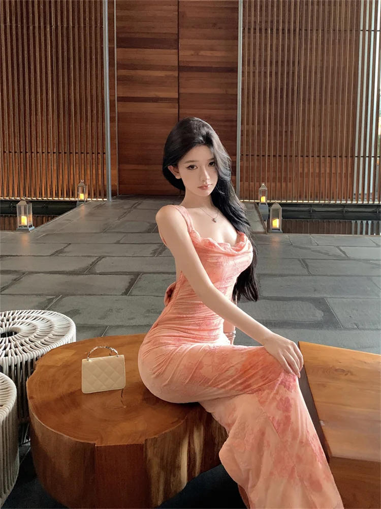 เดรสสีชมพูสไตล์ฝรั่งเศสย้อนยุค ดีไซน์เปิดหลัง ผูกโบว์ ทรงเข้ารูป ผ่าข้าง เซ็กซี่ เหมาะสำหรับงานปาร์ตี้ สำหรับผู้หญิง ดีไซน์ฤดูร้อน สวยงามสะดุดตา ทรงเมอร์เมด