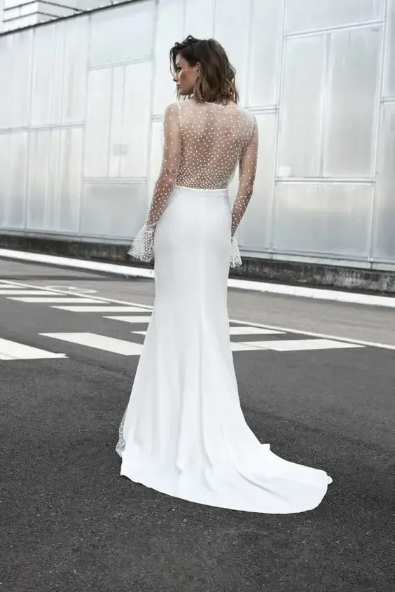 Robe de mariée sexy à col en V pour femmes, manches longues, robe de soirée mince, mode de vacances, été, 2024