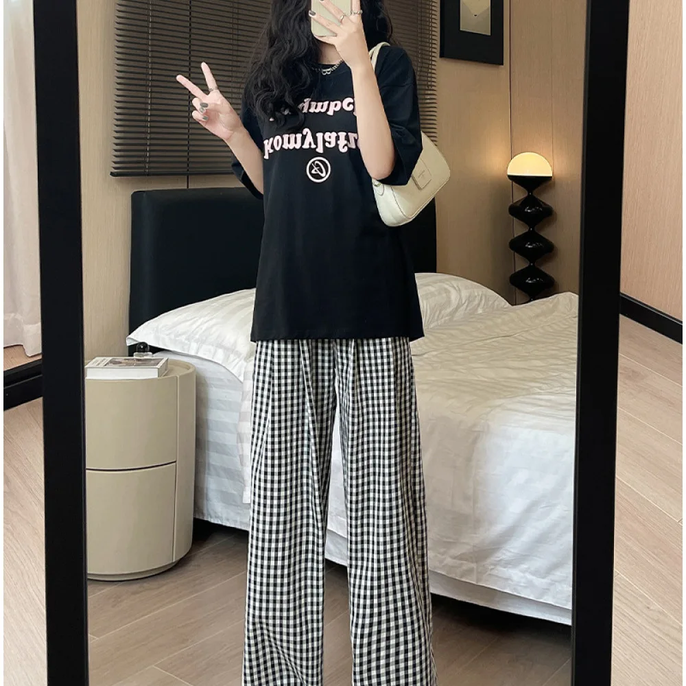 Summer Women Plaid Trousers High Waist Wide Leg Casual Loose Draped Bottoms Breathable Comfy Fashion Relaxed Slacks