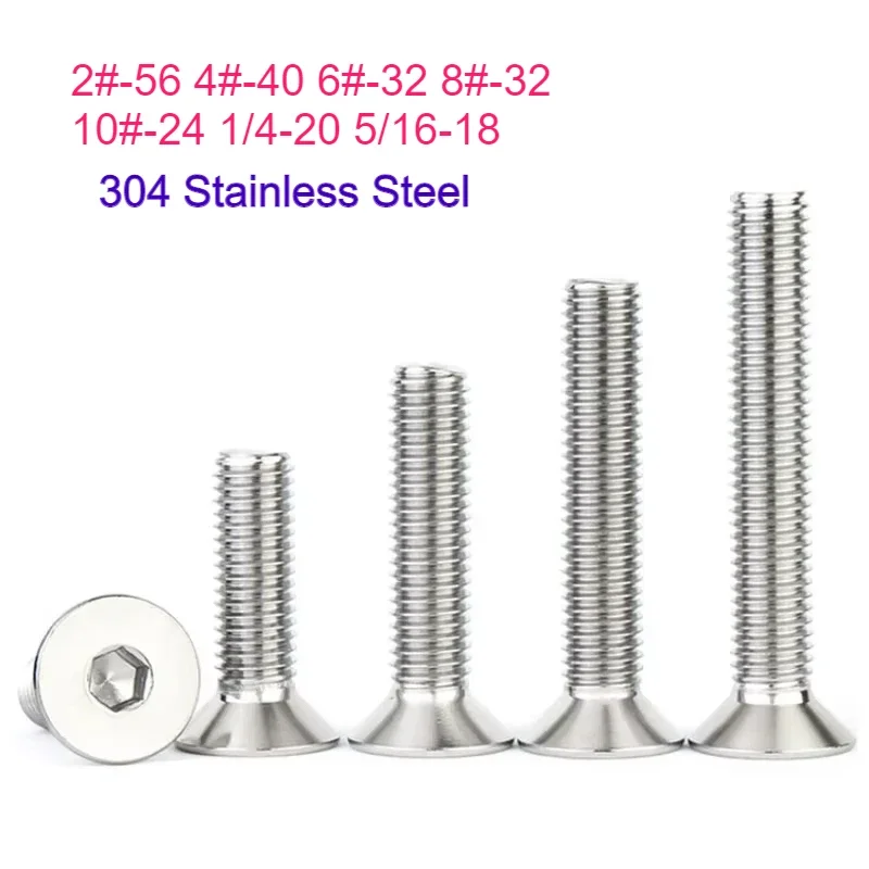 UNC 304 Stainless Steel Hex Hexagon Socket Flat Countersunk Head Screw Bolt 2#-56 4#-40 6#-32 8#-32 10#-24 1/4-20 5/16-18