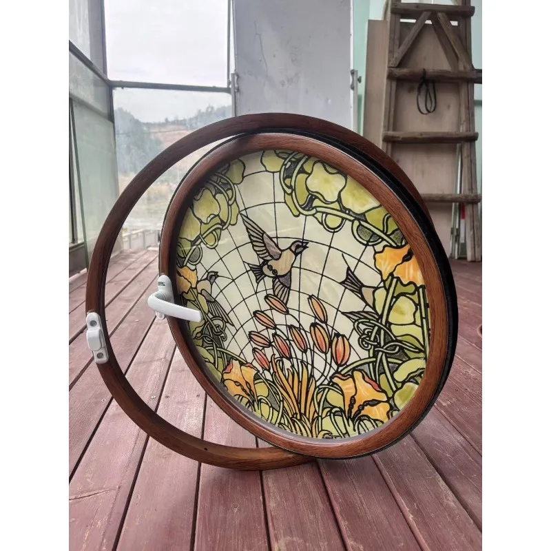 French retro round indoor casement window living room kitchen breathable lighting window balcony art glass toilet wood grain