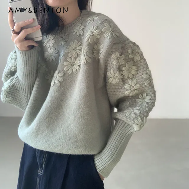 Autumn Winter Korean Chic Heavy Industry Embroidered Three-dimensional Flower Knitted Sweater Versatile Causal Loose Pullover