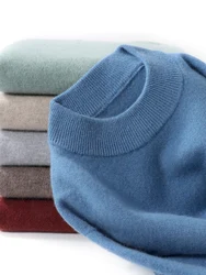 Suéter de lana merina de 100% de alta calidad para hombre, jersey de manga larga con cuello simulado para otoño e invierno, prendas de punto de Cachemira gruesas y cálidas informales inteligentes