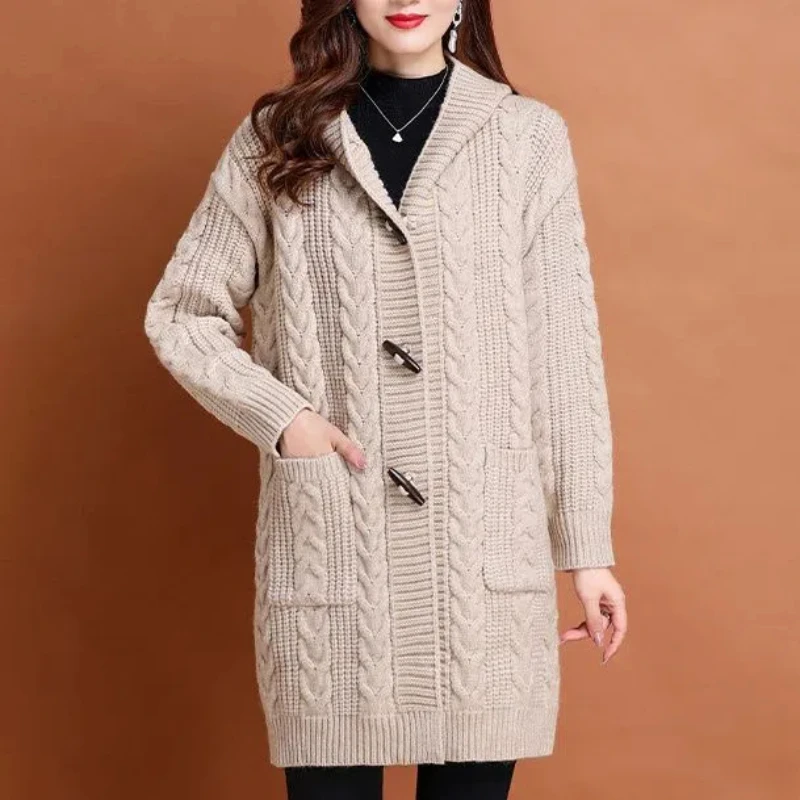 

Hooded Sweater Coat Medium Long Cardigan Loose Lazy Oversized Knitting Thickened Fried Dough Twists Coat