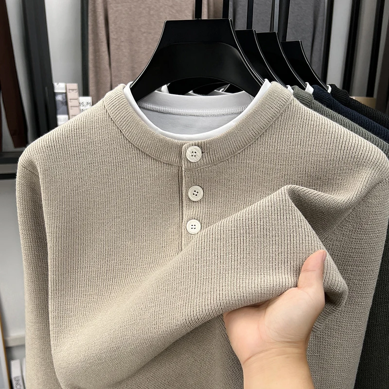 Fashion button round neck knitted sweater men's luxury fake two-piece new comfort autumn winter casual high-quality pullover