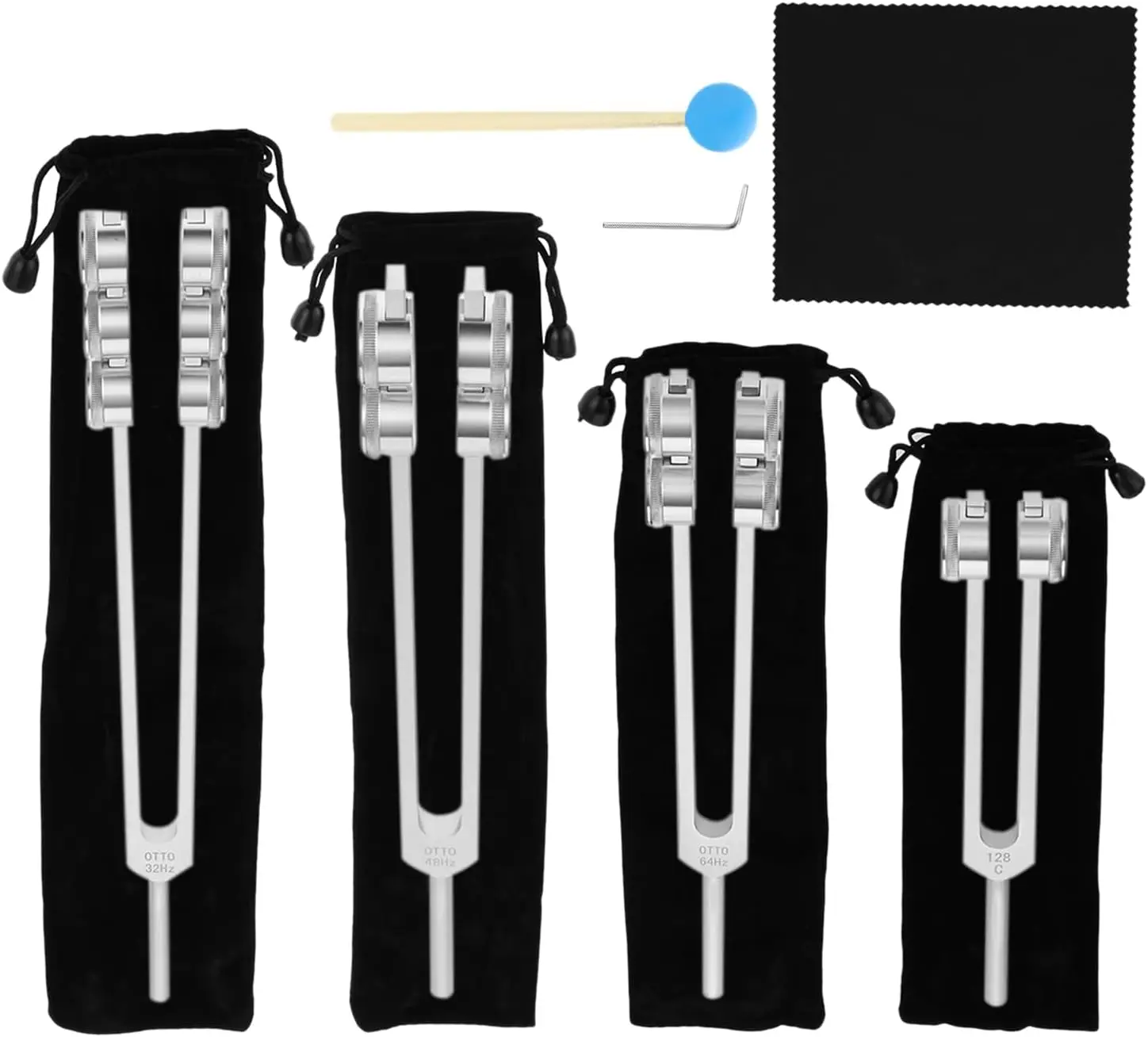 32 Hz, 48 Hz, 64 Hz und 128 Hz – gewichtete Stimmgabeln aus Aluminiumlegierung für Heilzwecke, Klangtherapie, zur Stressreduktion und zur Entspannung, inklusive Handtasche, Hammer und