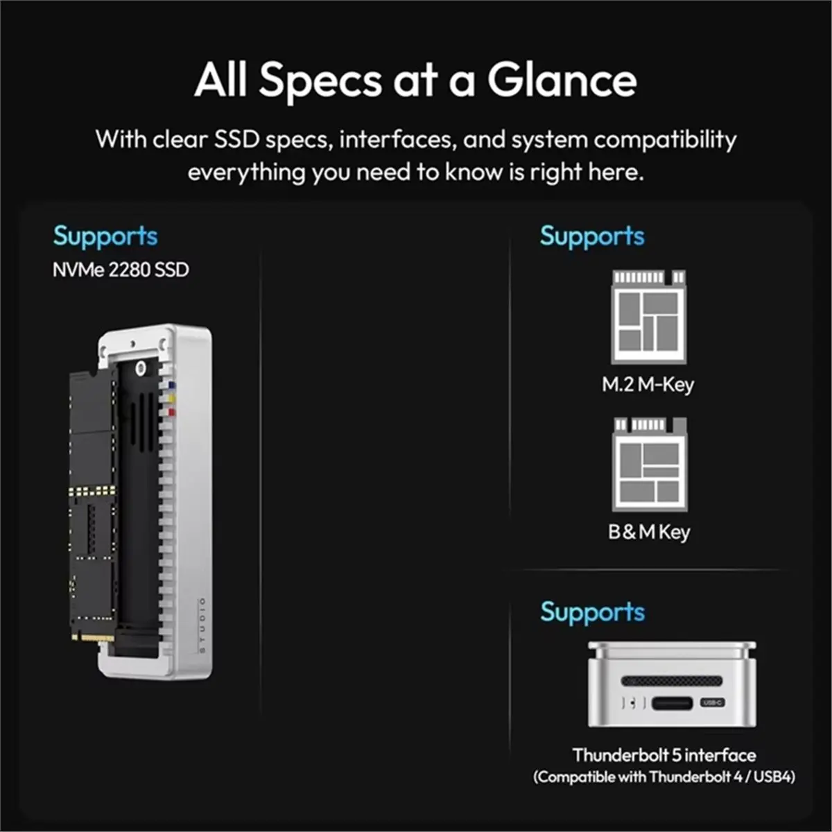 update. DT580 80Gbps M.2 NVMe SSD Enclosure with Cooling Fan JHL9480 Chip for M.2 M-Key / B & M Key 2280 SSD Thunderbolt 5 8TB view 3