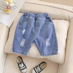 IENENS Fashion Hole Jeans Shorts Boys Casual Short Pants Baby Loose Beach Shorts Summer Kids Clothes Solid Color Wash Jeans