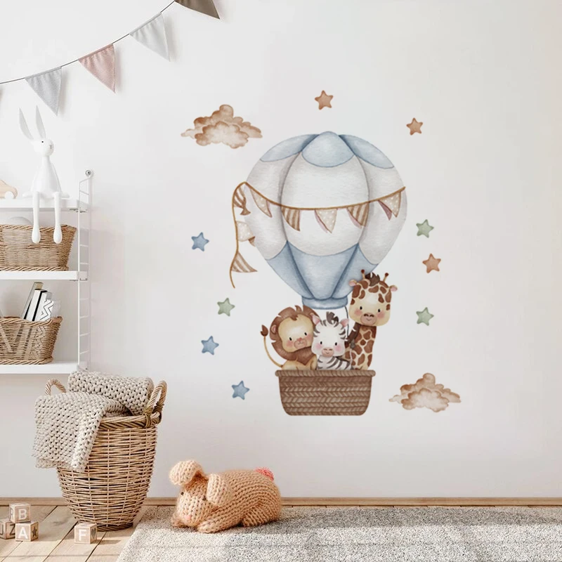 Watercolour giraffe Hot Air Balloon Wall Stickers for Baby Nursery Room Decals Baby Girls Bears Cartoon Animals Kids Stickers