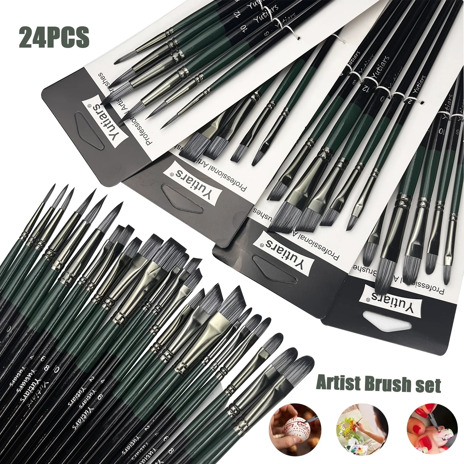 مجموعة فرش طلاء فنية احترافية عالية الجودة مكونة من 6/24 قطعة - أشكال مختلفة بما في ذلك مستديرة، فيلبرت، مسطحة وزاوية للزيت، أكري #4