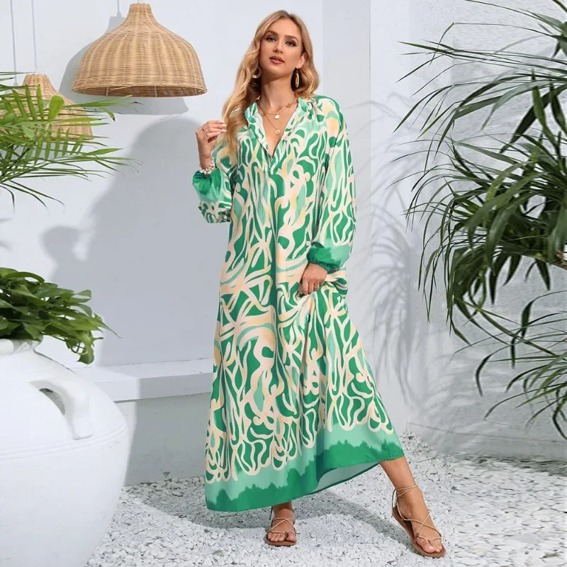 New 2024 Fashion Summer Holiday Dress Fairy V Neck Long Sleeves V-neck Casual Printed Dress Long Beach Seaside Photo Dresses