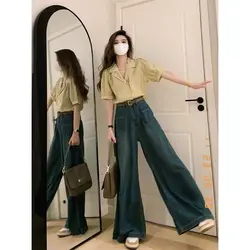 Y2K Style Jeans Women's High Street Loose Blue Jeans with Wide Legs Retro Straight High Waisted Mop Pants