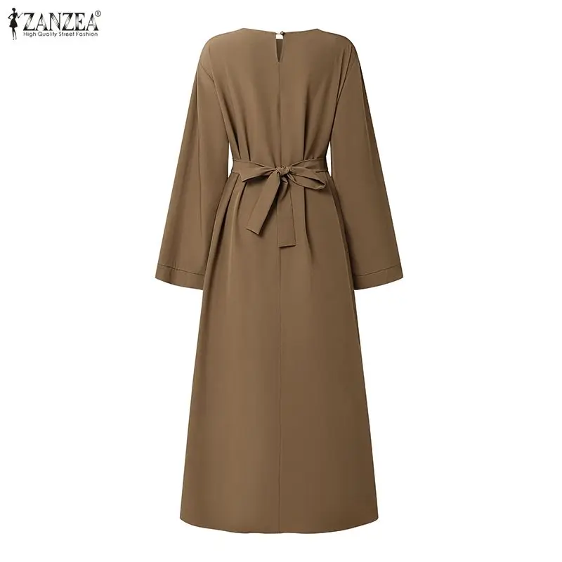 ZANZEA Muslim Modest Fashion Women Abaya Robes O-Neck Long Bell Sleeve Loose Sashes Maxi Dress Elegant Islamic Hijabi Kaftan