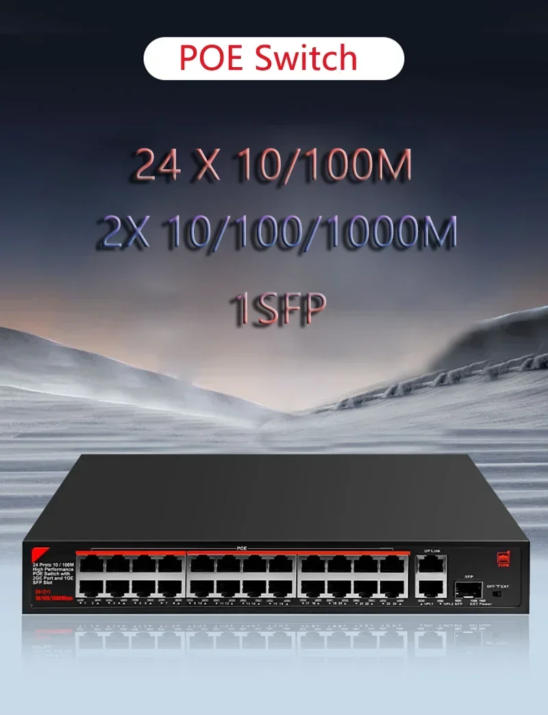 Factory 24 Port POE Switch 48V 10/100Mbps Poe Ethernet Switch 2 Port 10/100/1000Mbps 1SFP For Network Camera NVR System