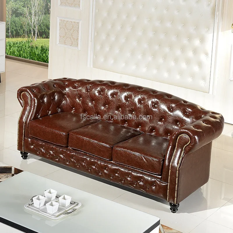 For Classic Chesterfield American Style Sofa Vintage Leather 3 Seats Sofa For Living Room