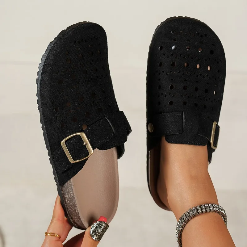 Women's Suede Laser Cutout Buckle Mule Sandals Round Toe Slip-On Comfort Casual Summer Breathable Closed Toe Cork Shoes view 6