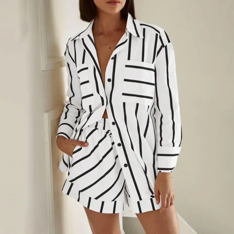 Womens Cotton Buttons Black And White Striped Suit Autumn New Boys And Girls Long-Sleeved Shirt Drawstring Shorts Sets