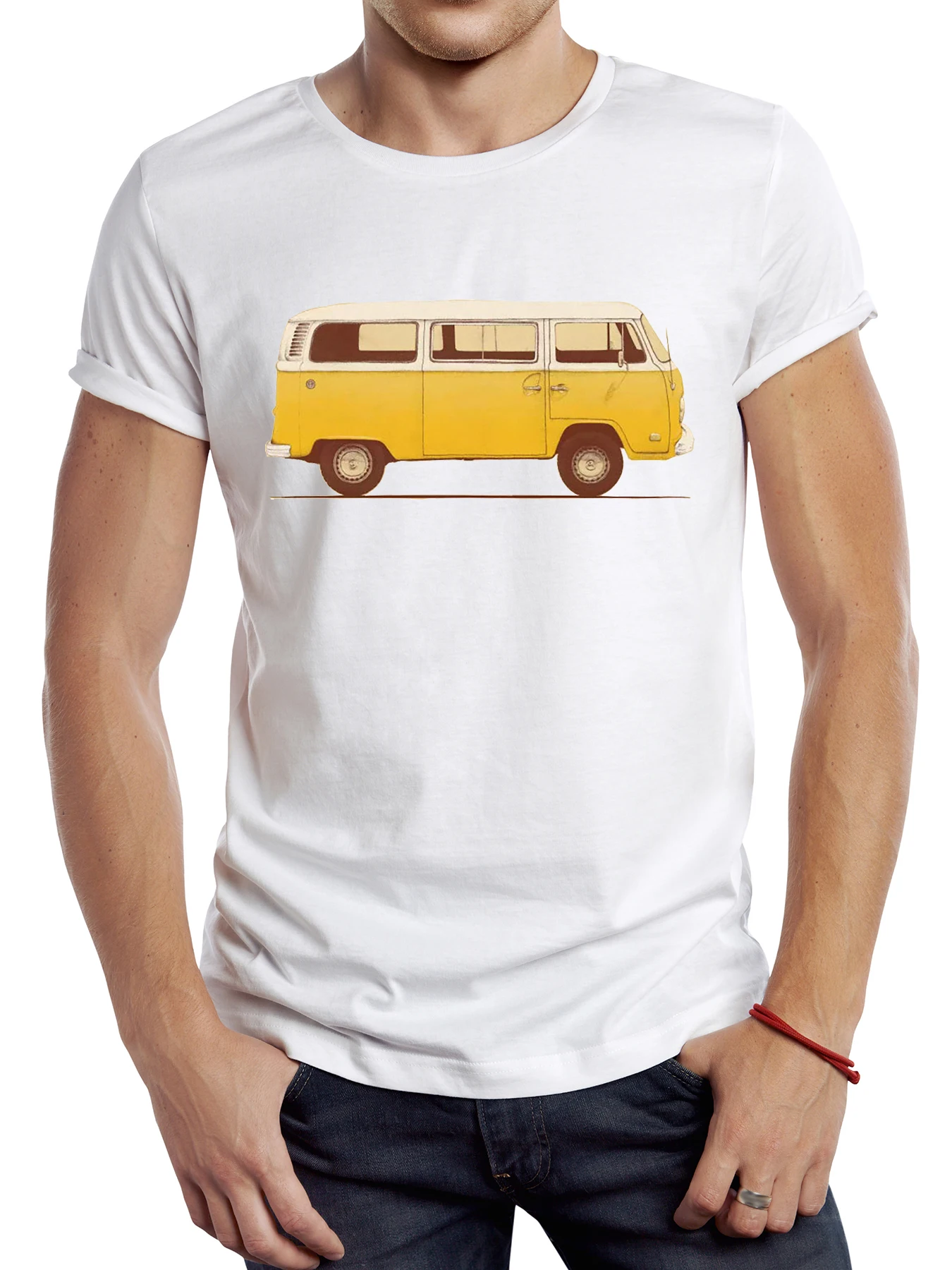 

FPACE Vintage Camper Van Men T Shirt Casual Yellow Bus Male Tops Hipster Retro Camping Bus Printed Tee