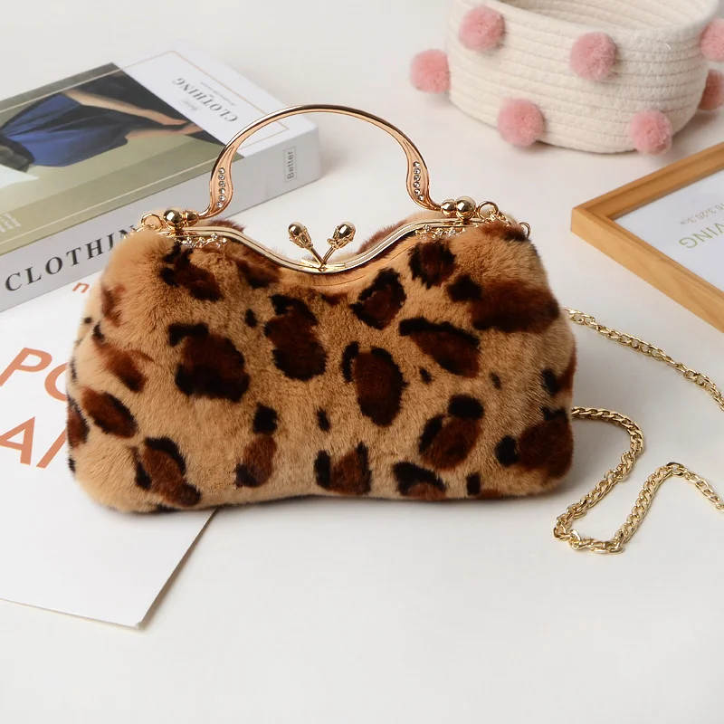 

Rex Rabbit Fur Bag Real Fur Handbag Women's Chain Single Shoulder Crossbody Plush Clip Bag Luxury Messenger Evening Party Clutch