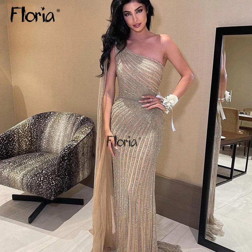 

Beading Sequins Long Cape Sleeve Evening Dress 2024 Dubai Formal Prom Party Gowns Champagne Host Dresses Occasion Dresses