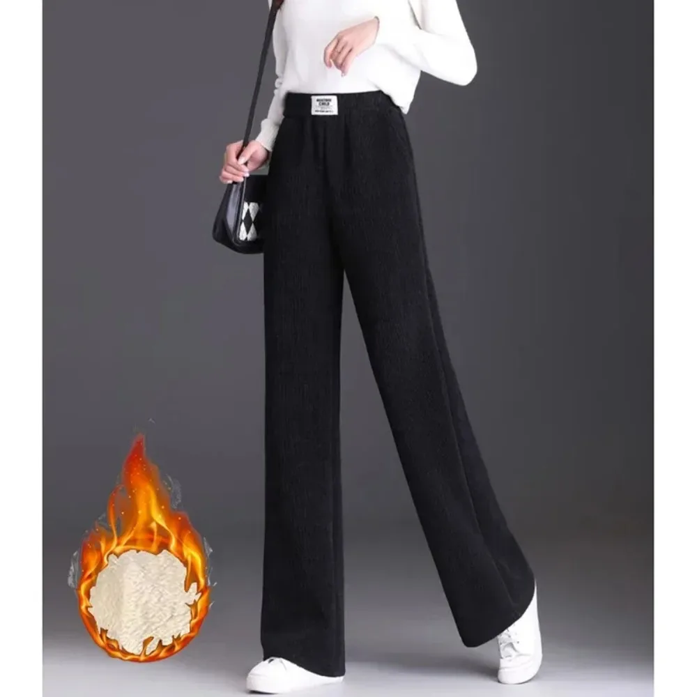 Winter Women Thermal Fleece Straight Leg Pants Female Chic High Waist Plush Trousers Girls Snow Warm Comfortable Pants