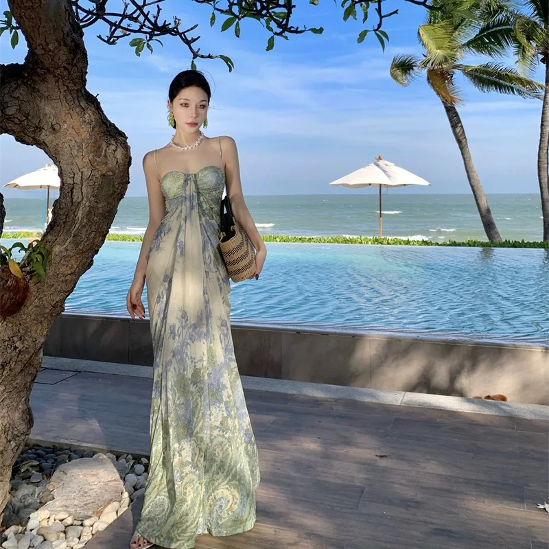 

French Style Beautiful Strapless Sling Dress Summer Fairy Mesh Print Elegant Skinny Long Seaside Holiday Dress