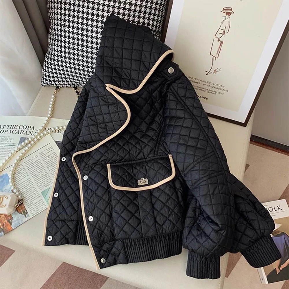 Winter Cotton Padded Jacket Woman Sweet Sailor Collar Coat Fashion Long Sleeve Lightweight Overcoat Female Vintage Plaid Outwear