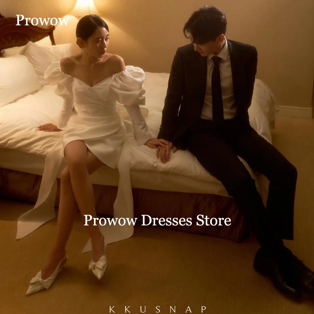 

Prowow Simple A Line Short Wedding Dresses Customized Korea Photoshoot Puff Long Sleeves Mini Bridal Gowns Plus Size with Bow
