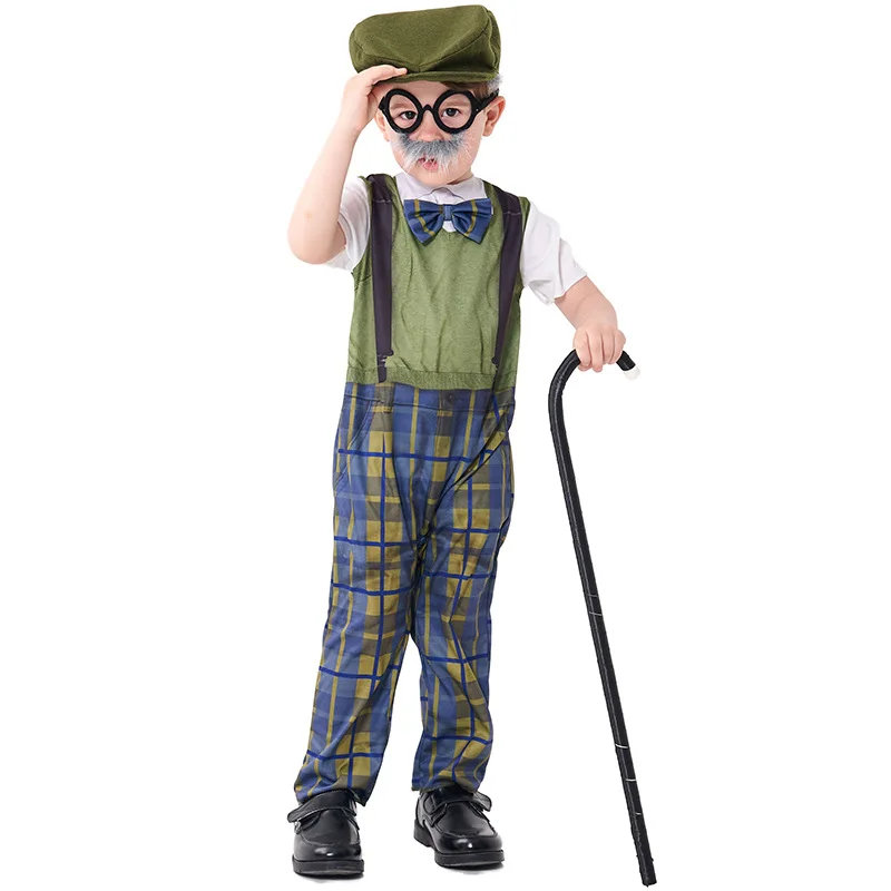 

Halloween Performance Costume Children's Role-playing Grandpa Jumpsuit with Hat And Glasses Set Plaid Pants Polyester Fiber